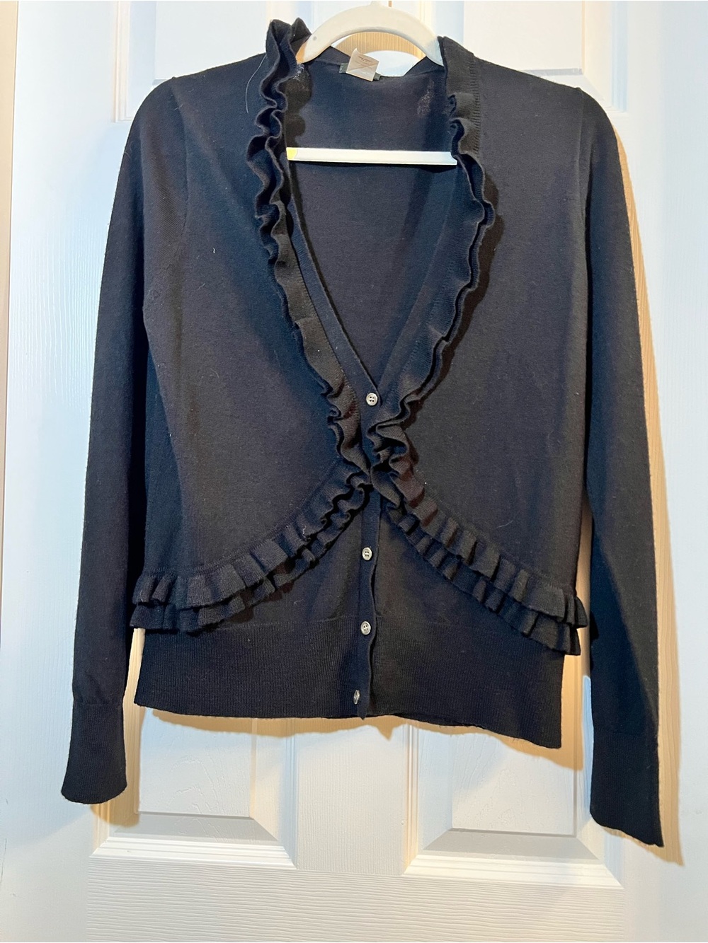 🦋 Beautiful J. Crew Navy Ruffle-Trim Cardigan Sweater size large